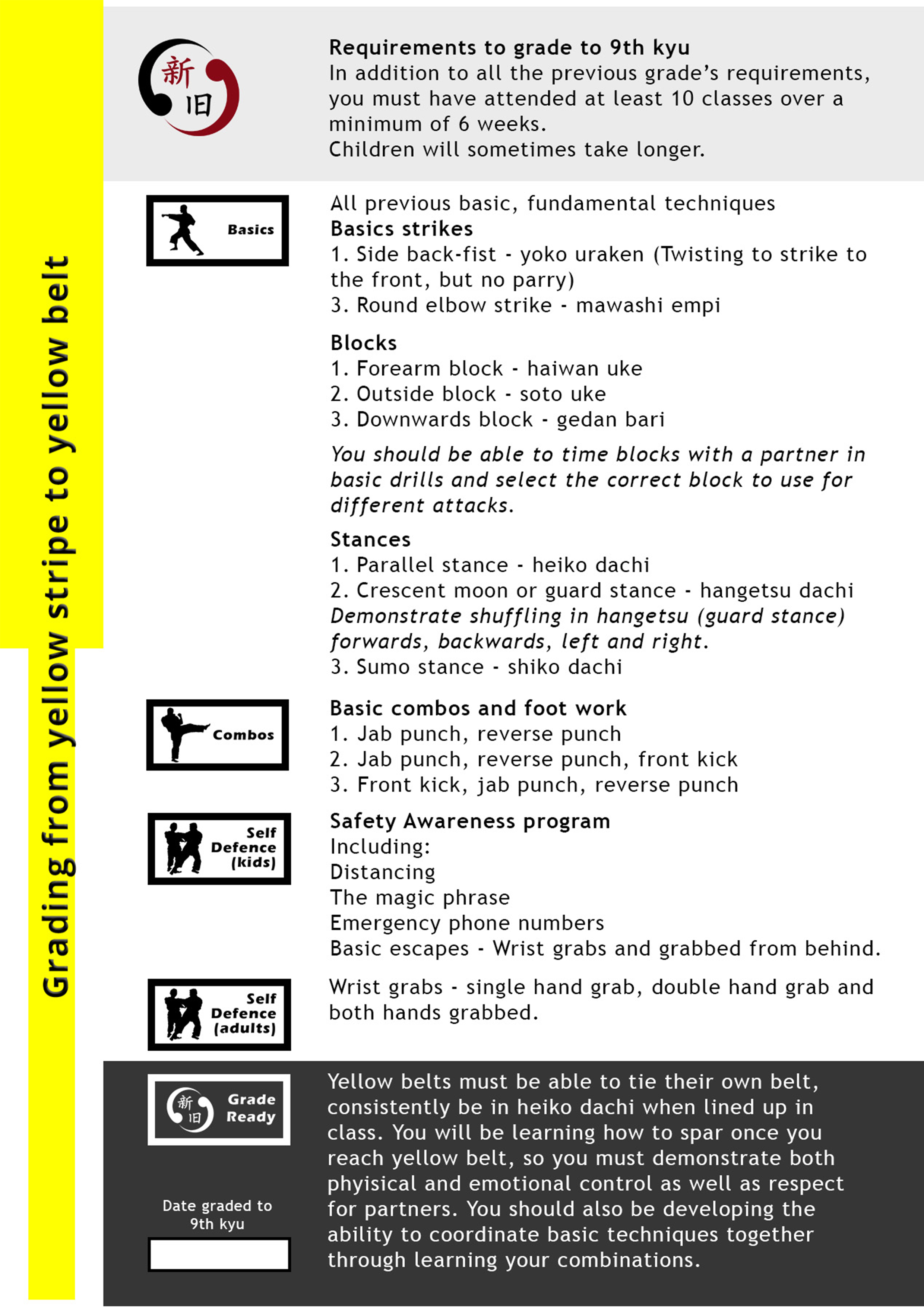 9th kyu yellow belt grading criteria - Shinkyu Martial Arts